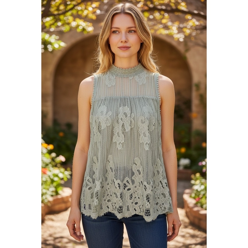 Lace Mock Neck Top Women S Sage Green Floral Sleeveless Coquette Regency Boho
